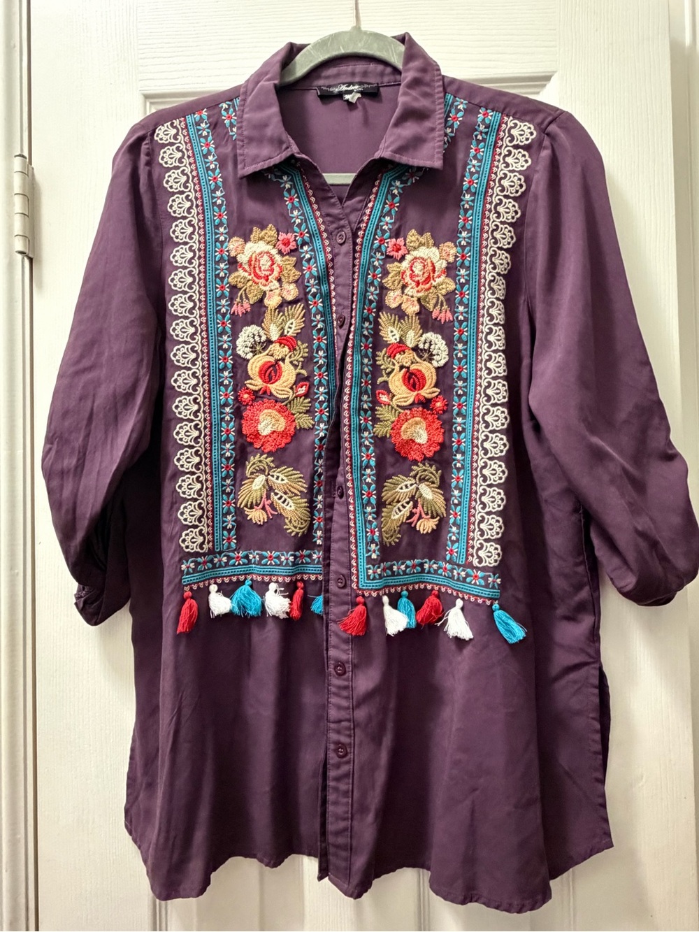 Embroidered Boho Tunic Shirt in Deep Plum with Floral Panels